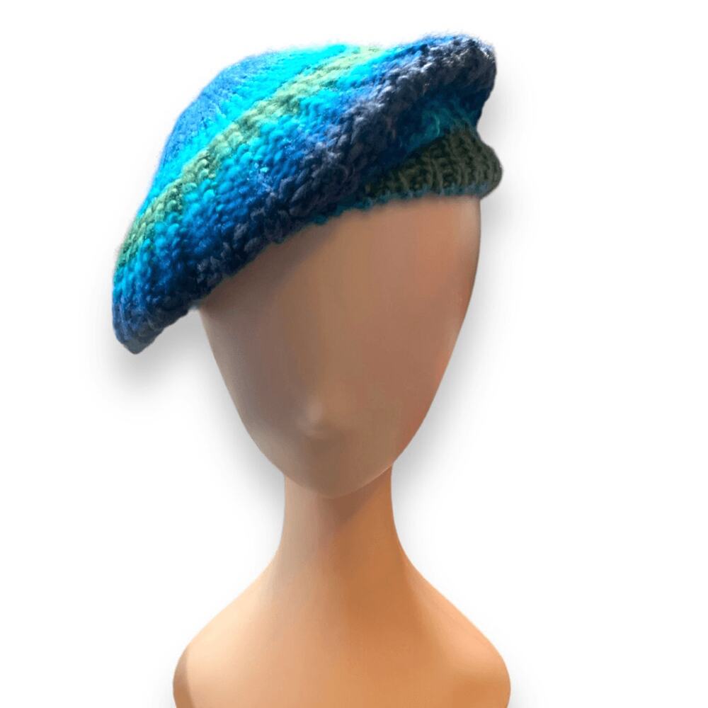 Knit‎ Beret Hat Green Blue Tonal Shades Warm Winter Essential